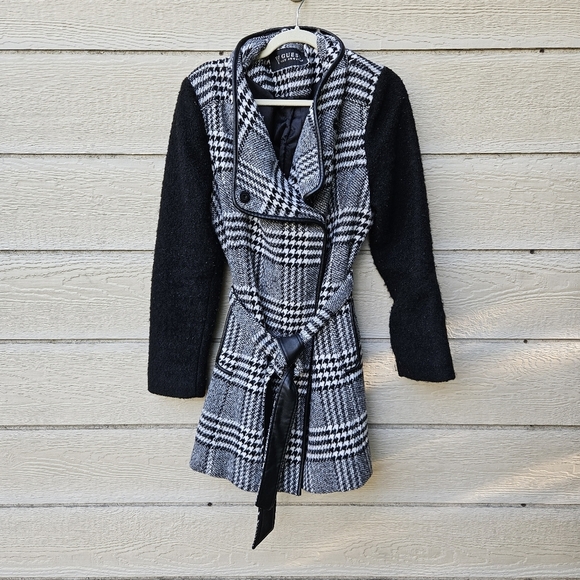Guess black and white plaid belted wool-blend mid-length coat XXL - Picture 2 of 9